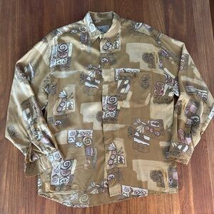 Vintage Silky Abstract Print Button-Up Shirt in Olive Tan